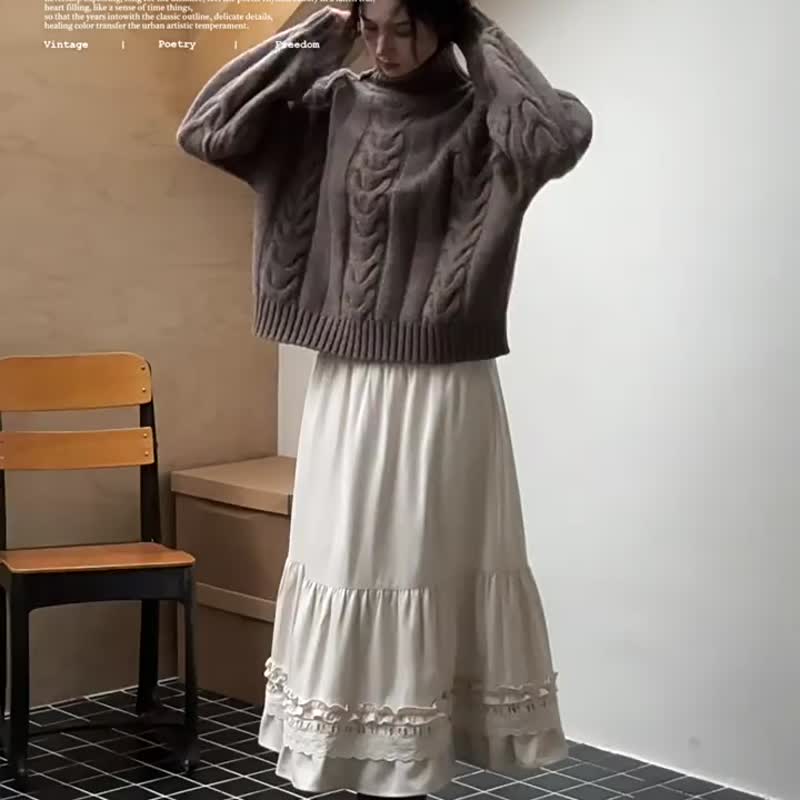 杏仁奶白色 自在詩野 法式復古木耳邊半身裙 vintage質感半身傘裙 - 裙子 - 棉 白色