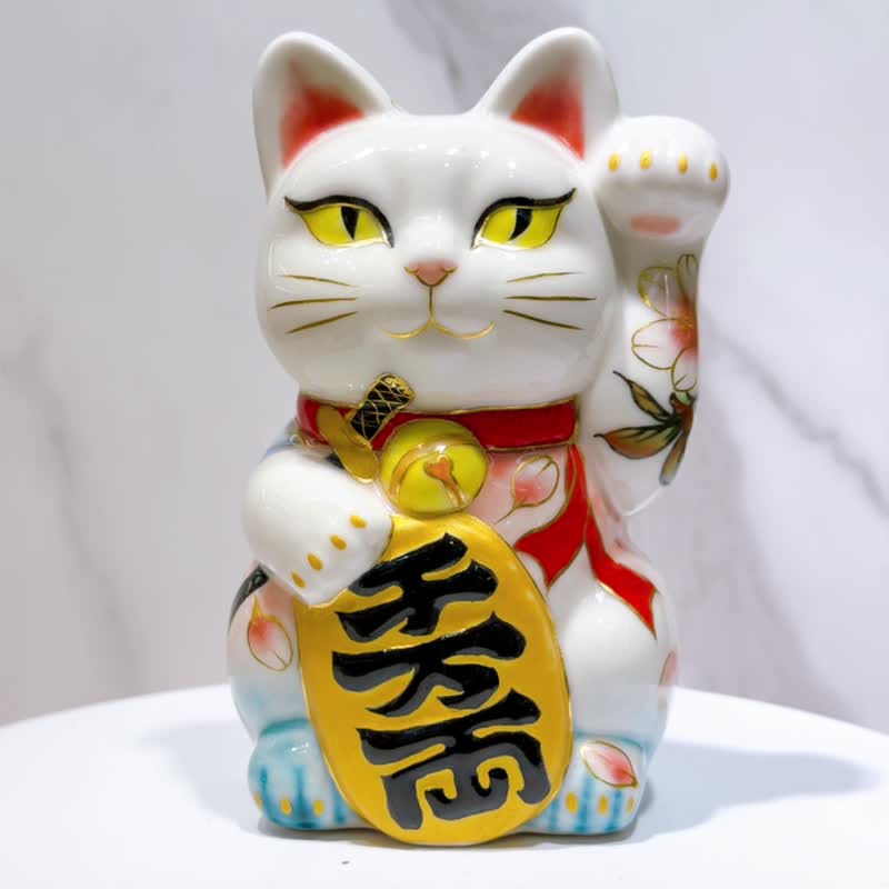 【忍福潜影】日本清水烧招财猫 | 色绘 - 猫之樱 - 摆饰 - 瓷 白色