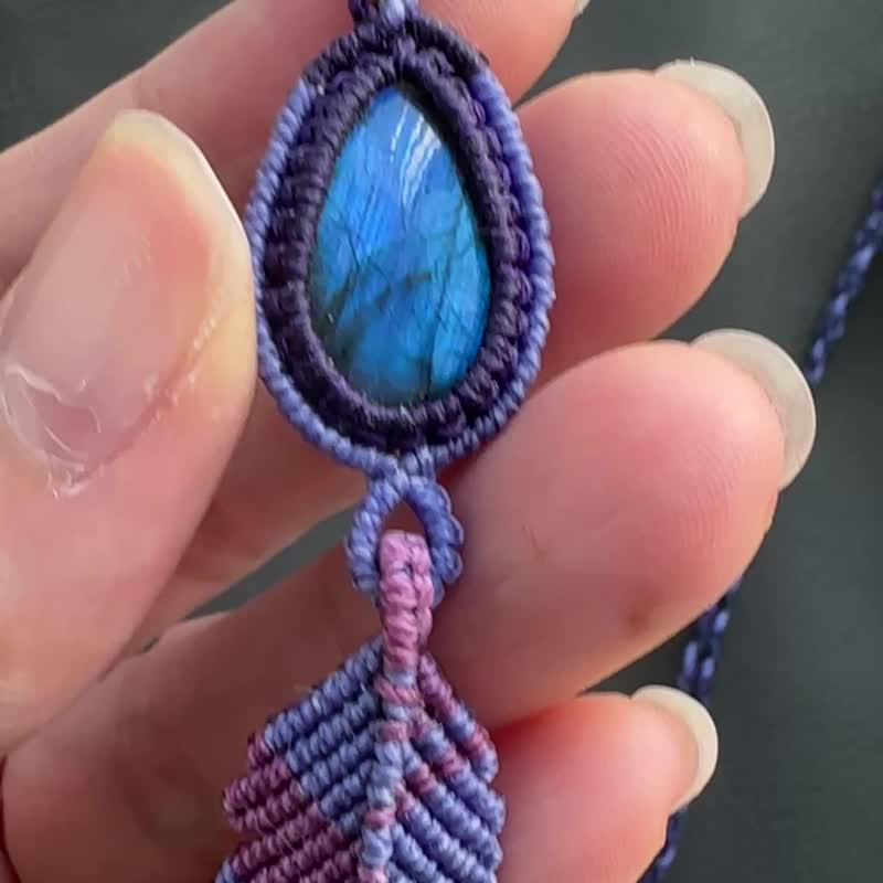 N1213 民族风 南美蜡线编织 拉长石 铜珠项链 (可调长度) - 项链 - 宝石 紫色