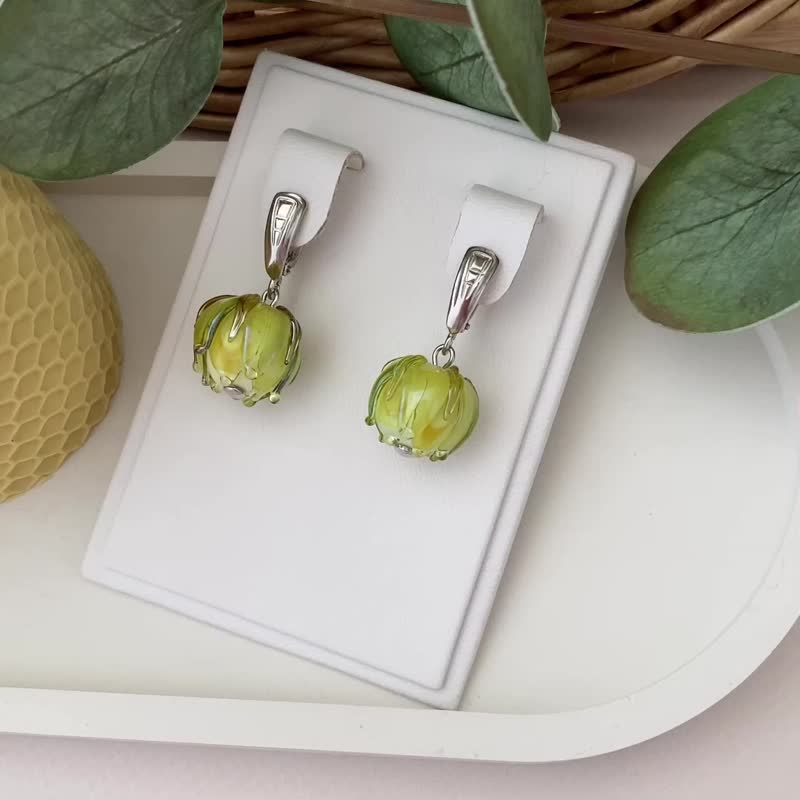 黄色花卉垂坠耳环 / 黄色花朵串珠新娘耳环 - 耳环/耳夹 - 纯银 黄色