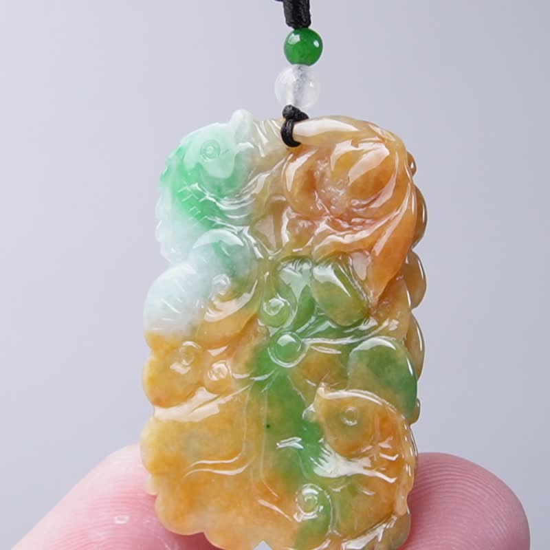 三彩翡翠巧雕荷包有鱼项链 | 天然缅甸玉A货翡翠 | 送礼 - 项链 - 玉石 多色