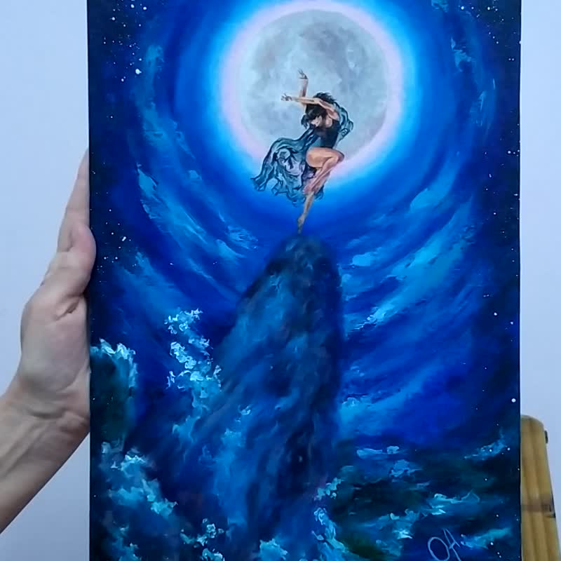 油画。舞蹈的魔力。舞女。月亮和星空。海洋。 - 海报/装饰画/版画 - 纸 蓝色