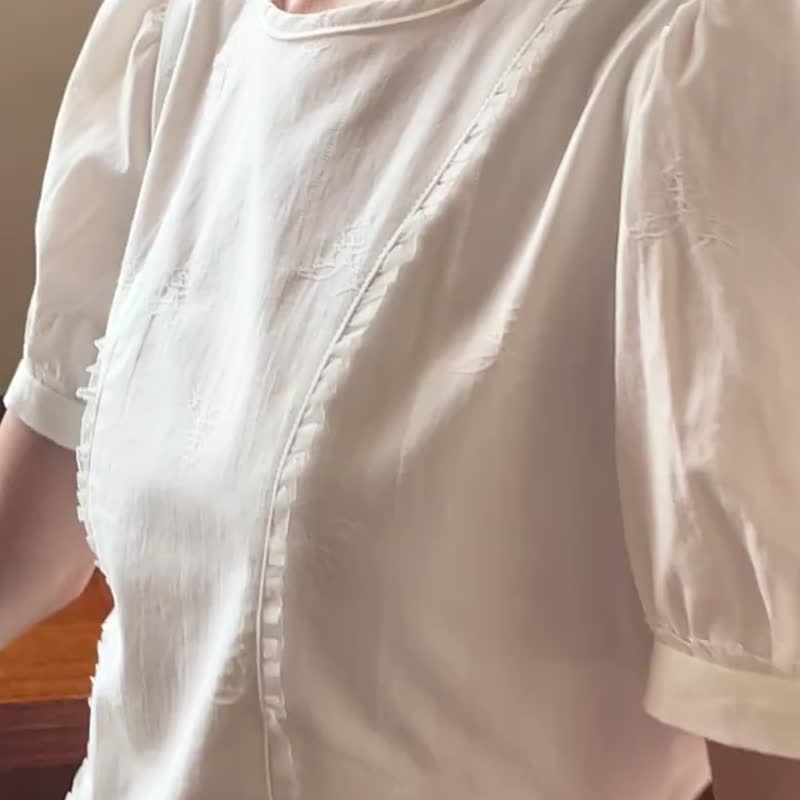 白色 法式復古百褶蛋糕洋裝 短袖夏季收腰連身裙短裙蓬蓬裙子 - 洋装/连衣裙 - 棉 白色