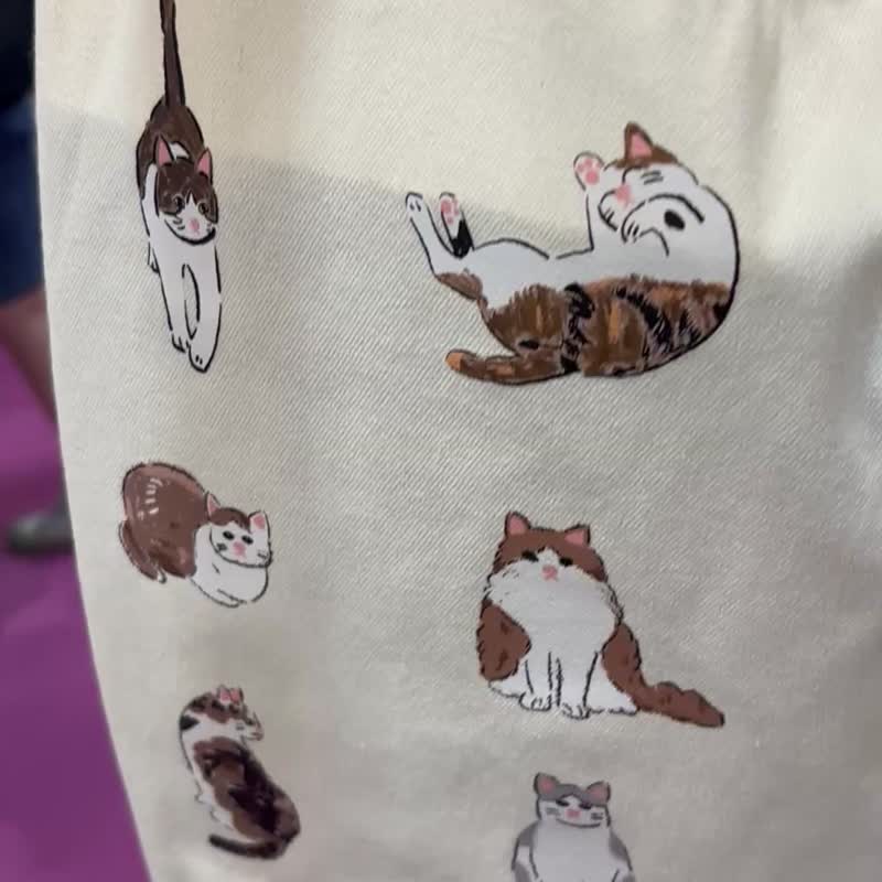 猫咪帆布购物袋 粉紫底  大尺寸 - 侧背包/斜挎包 - 棉 白色