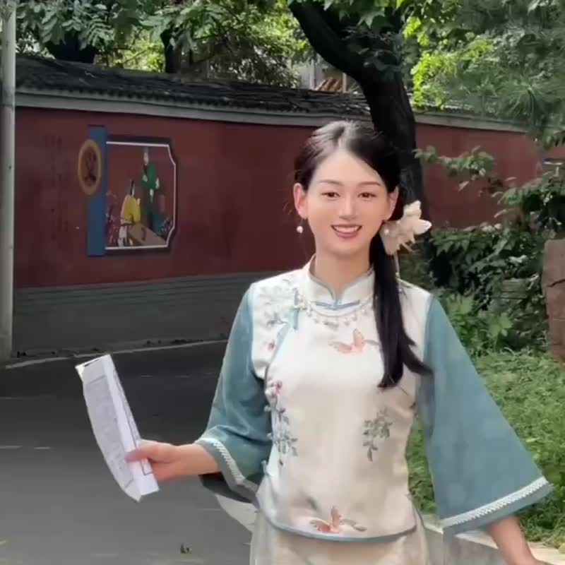 蝴蝶刺綉上衣 民國風假兩件 改良短款 新中式漢服 過年春節戰袍 - 旗袍 - 聚酯纤维 绿色