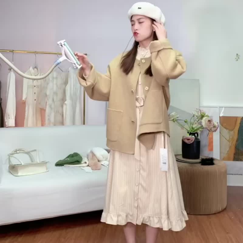 无领羊毛双面呢大衣 秋冬高级感短款毛呢外套2023新款 - 女装休闲/机能外套 - 羊毛 卡其色