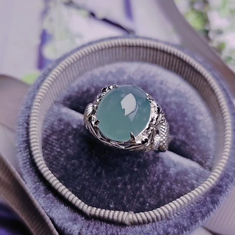 财水|男设计款龙戒|A货翡翠高冰玻深晴蓝大蛋面纯银篓空男戒指 - 戒指 - 玉石 