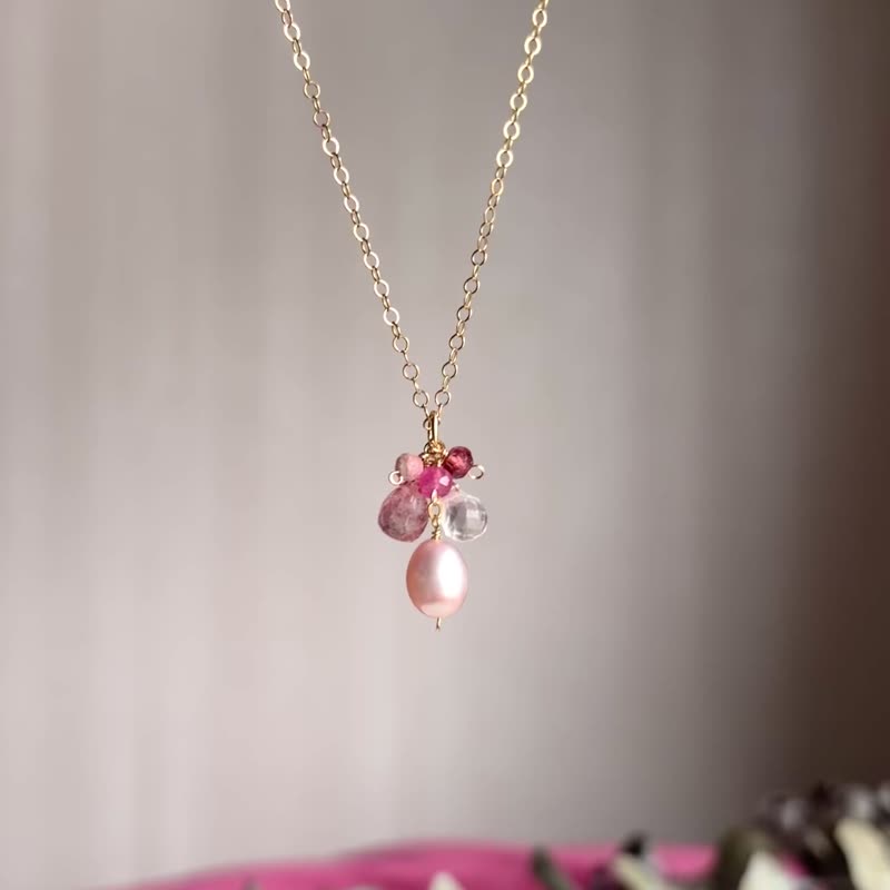 【情人节礼盒】14KGF 粉红色宝石 坠饰项链 / 草莓晶 粉晶 碧玺 - 项链 - 宝石 粉红色