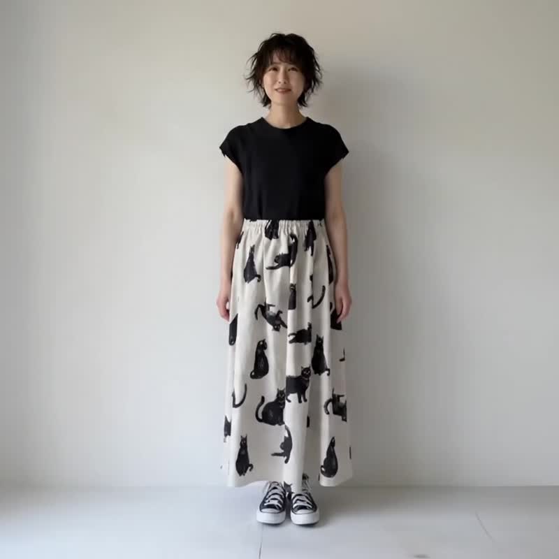 傲娇黑猫长裙及地款 日本国产纯棉 带口袋 白色 - 裙子 - 棉 白色