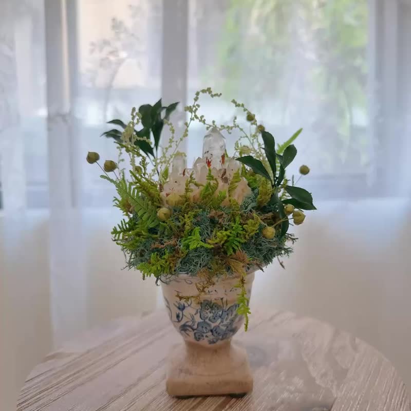 优雅午后 蓝瓷花瓶。白水晶簇 永生绿植微景观 - 植栽/盆栽 - 水晶 绿色