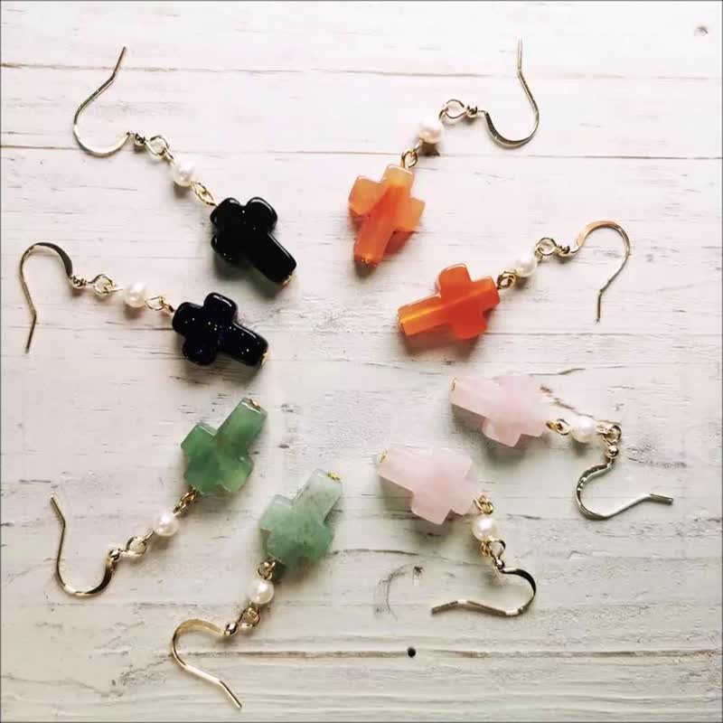 珍珠十字架耳环-水晶款纯银镀金 925银镀金 耳洞式短版垂坠4色选1 - 耳环/耳夹 - 纯银 多色