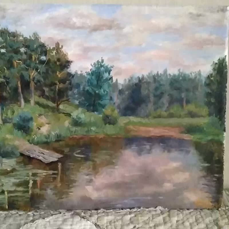 湖水画原创艺术森林风景艺术品树云夏季绘画 - 海报/装饰画/版画 - 其他材质 