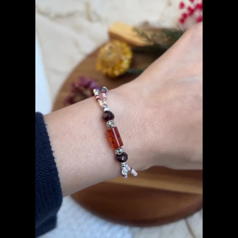 石榴石 波罗的海 琥珀 玻璃米珠x天然石 珠珠手链 - 手链/手环 - 半宝石 红色