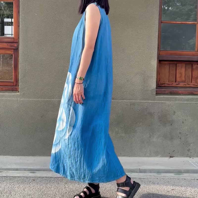 蓝染 生命之花 连身洋装 - 洋装/连衣裙 - 棉 蓝色