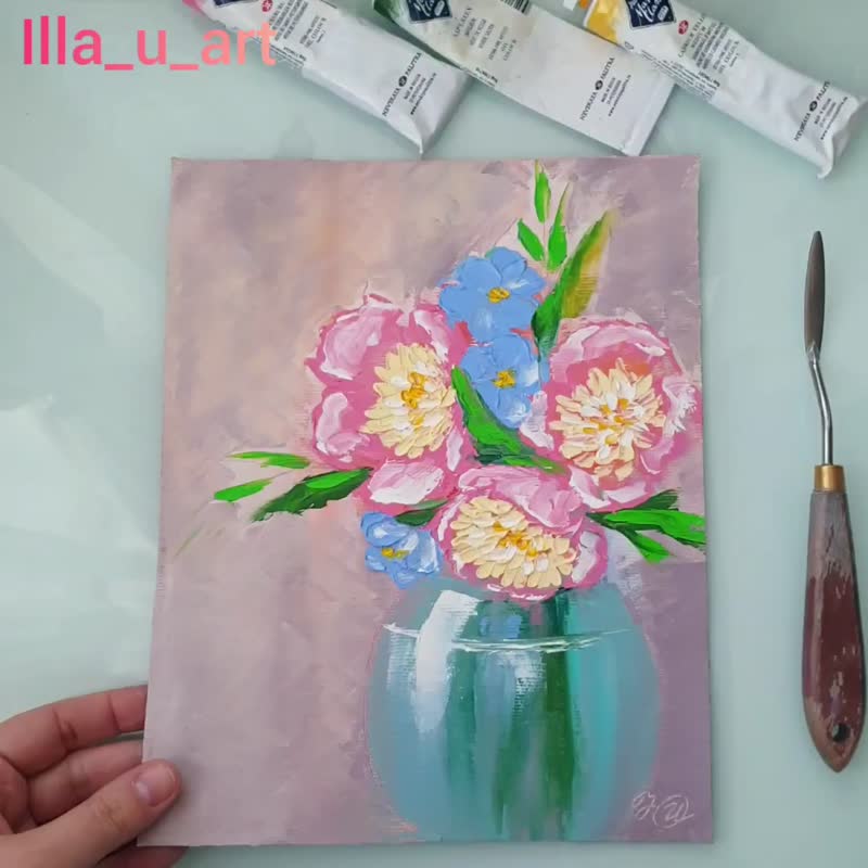 Peony Painting Bouquet Original Art Floral Wall Art Flower Artwork Oil Painting - 海报/装饰画/版画 - 其他材质 粉红色