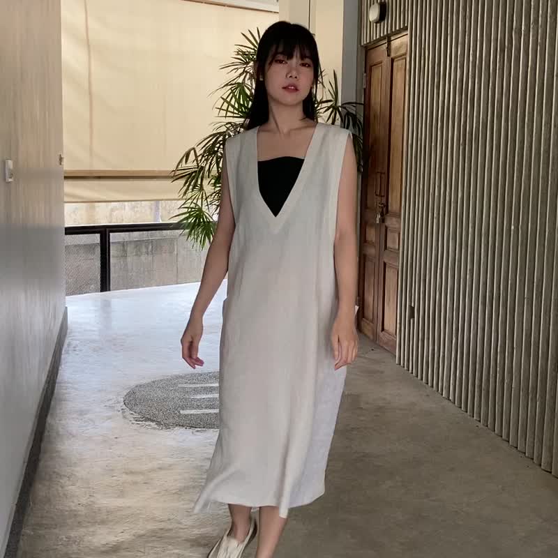 亚麻连身裙裤 附自然亚麻口袋 亚麻连身裙裤 - 米白拼浅灰 - 背带裤/连体裤 - 亚麻 白色