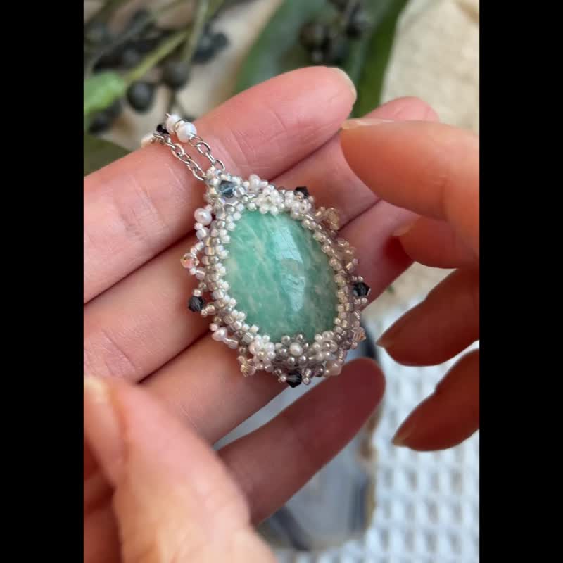 天河石 雏菊 串珠吊坠 配 宝石链 - 项链 - 水晶 蓝色