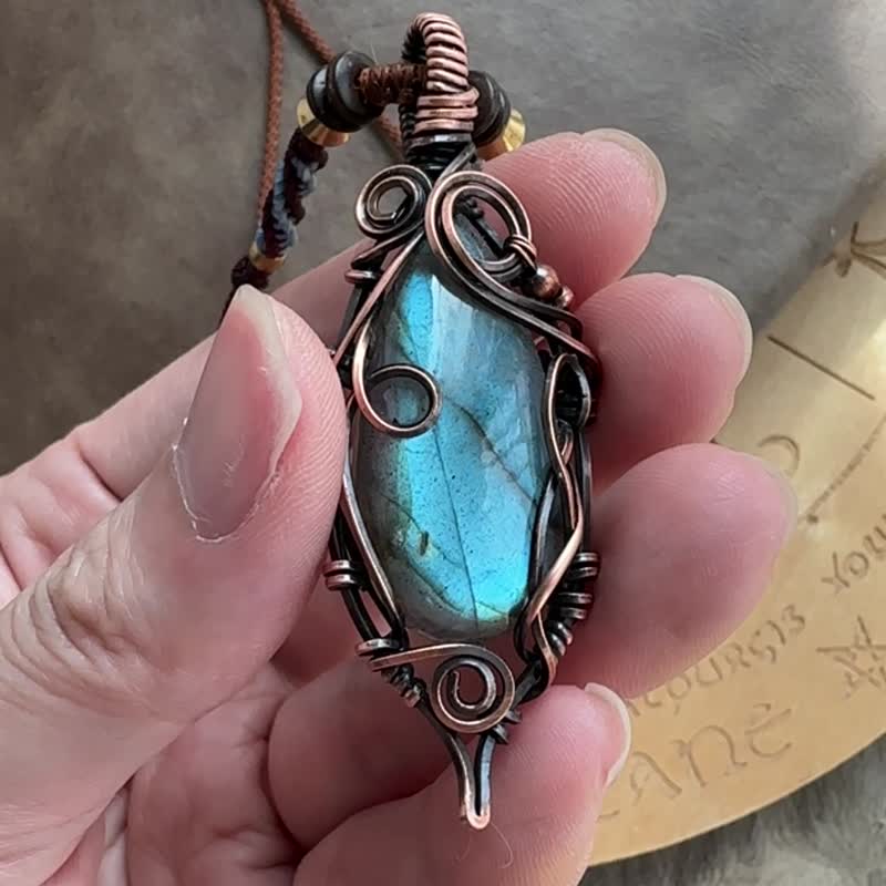 WW179 全手工编织 绕铜线 复古做旧 wire wrap 拉长石吊咀 - 项链 - 铜/黄铜 咖啡色