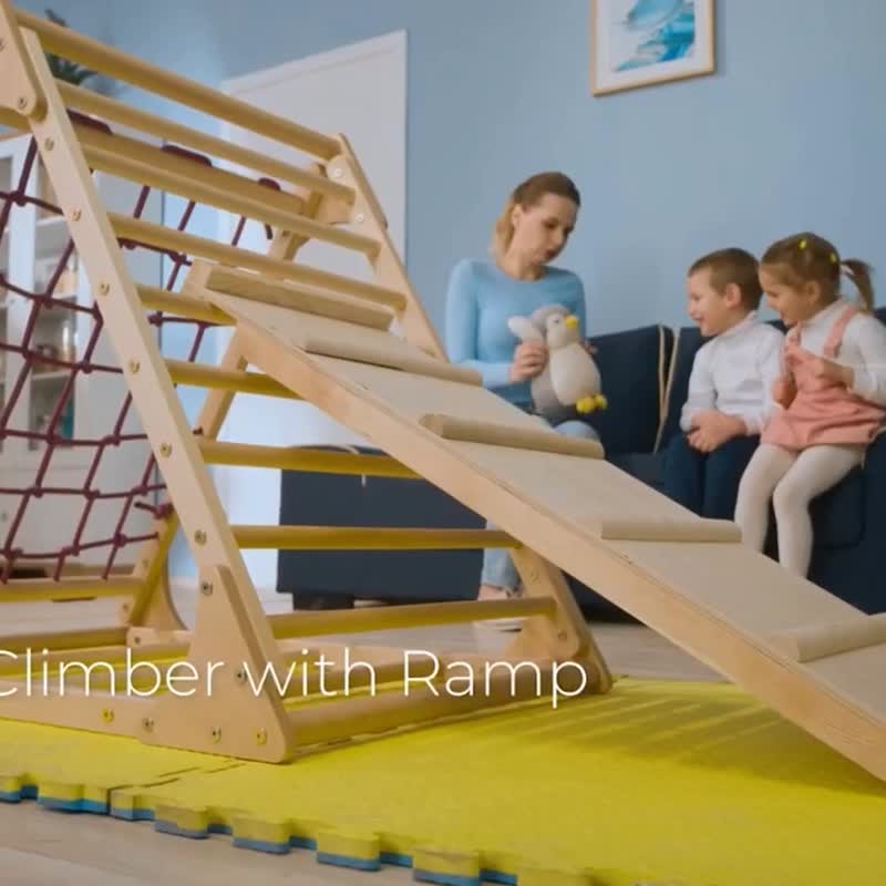 Wooden Pikler Montessori Climbing Set with Slider, Climbing Net - 儿童家具 - 木头 多色