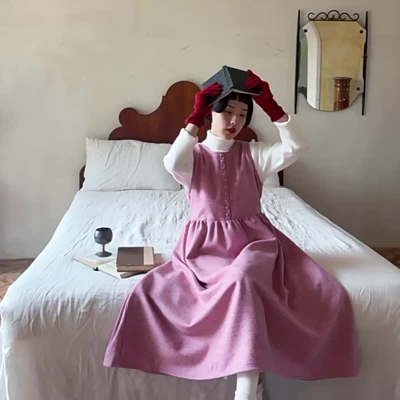 彩虹粉 毛呢無袖洋裝  疊穿自由調節系帶復古背心長裙 - 洋装/连衣裙 - 羊毛 粉红色