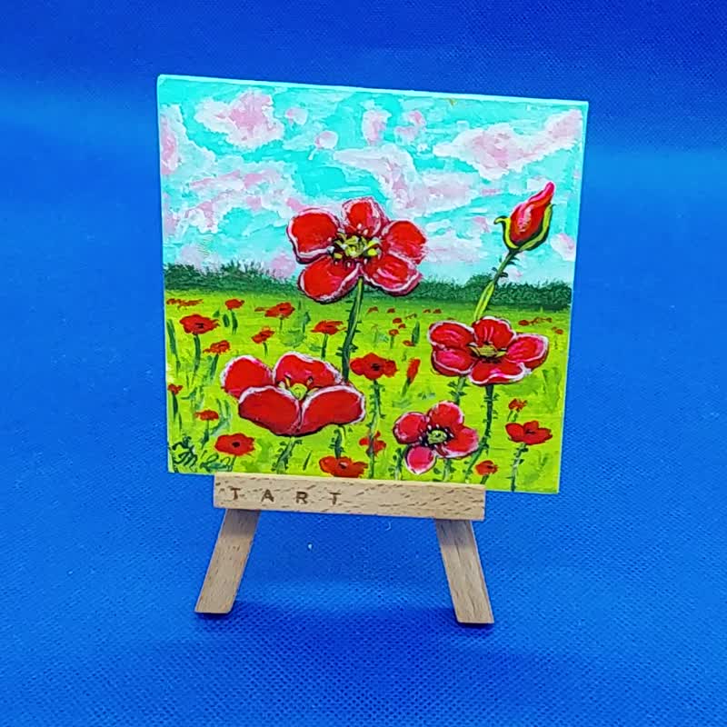 红色罂粟花夏季原创现代迷你绘画草地花卉墙壁艺术 - 墙贴/壁贴 - 其他材质 红色