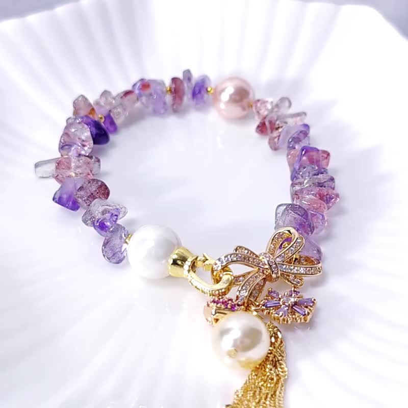 顶级超七水晶随型石 清透 七脉轮 贝珠 蝴蝶结 智慧 手链 礼物 - 手链/手环 - 宝石 紫色