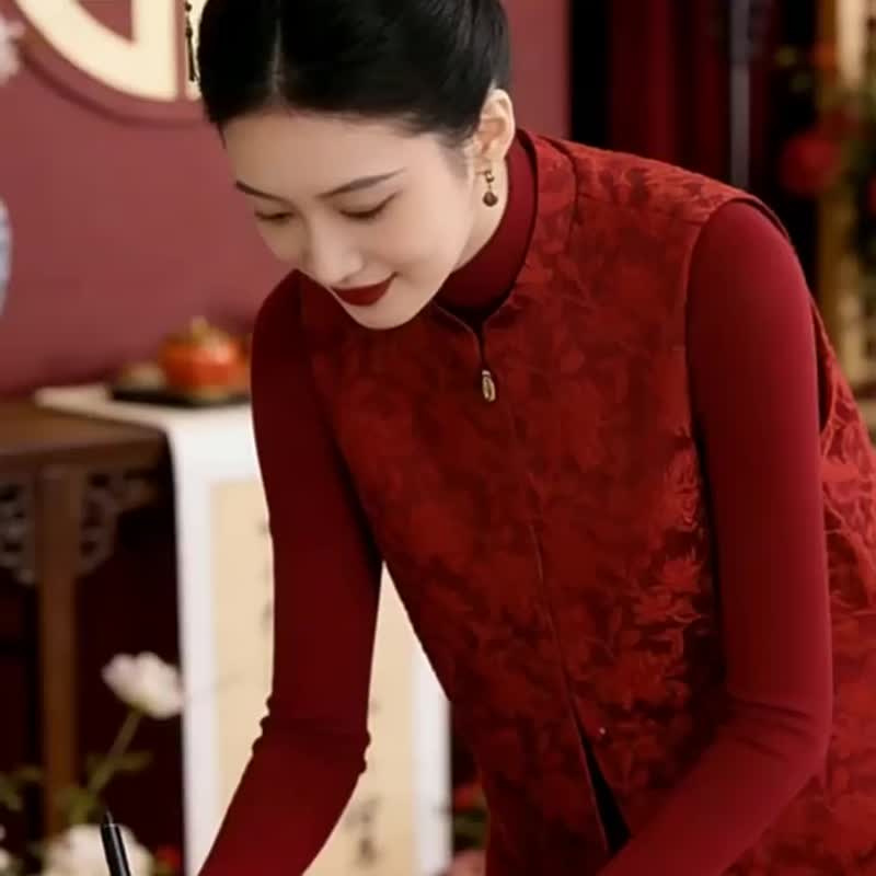 紅色 新中式旗袍馬甲套裝 結婚新娘敬酒服 訂婚禮服 兩件套禮服 - 旗袍 - 其他人造纤维 红色