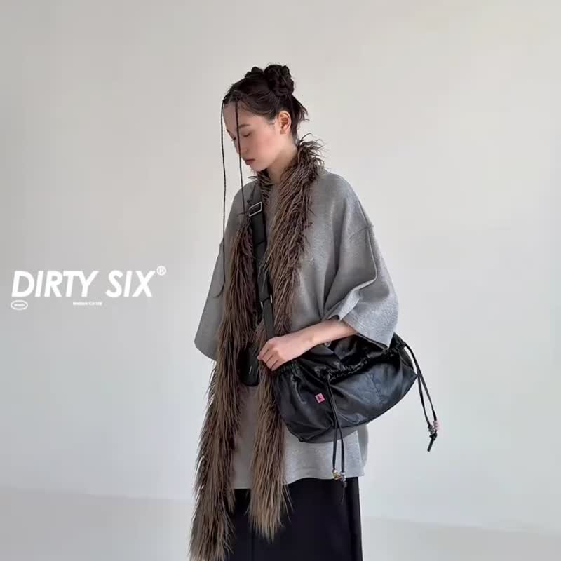 黑色 瑪尼疊疊包 撞色天然石抽繩 軟軟慵懶斜挎包 肩背包 - 侧背包/斜挎包 - 其他人造纤维 黑色