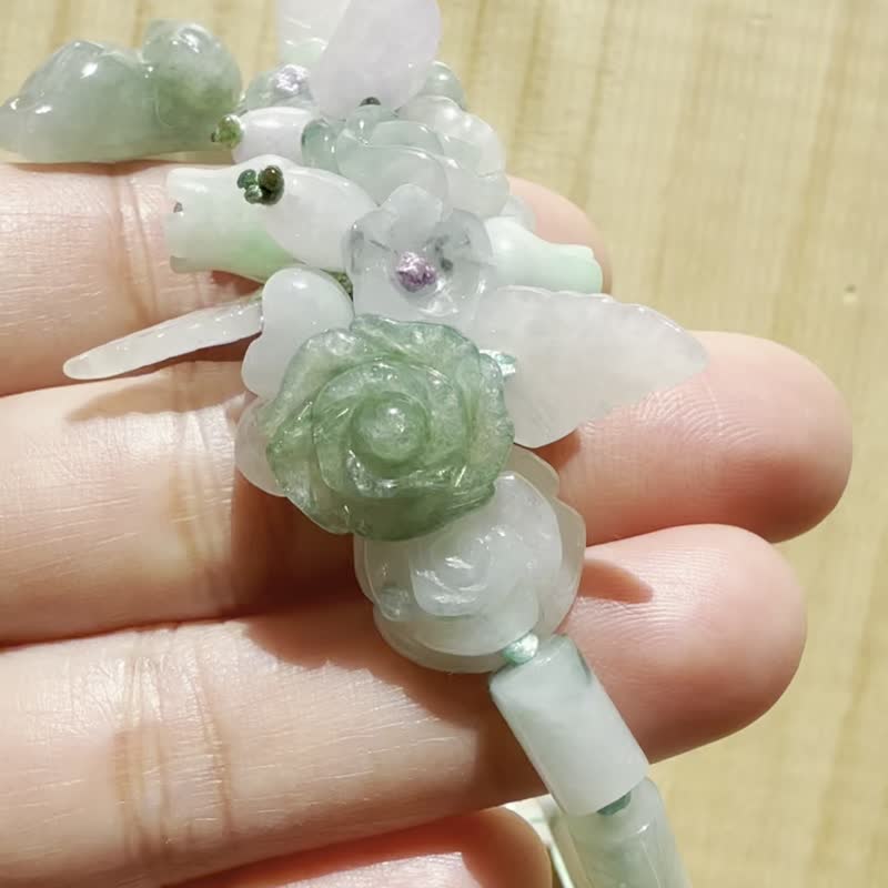 手工編織翡翠手链 — 叶影下的小猫 - 手链/手环 - 玉石 绿色