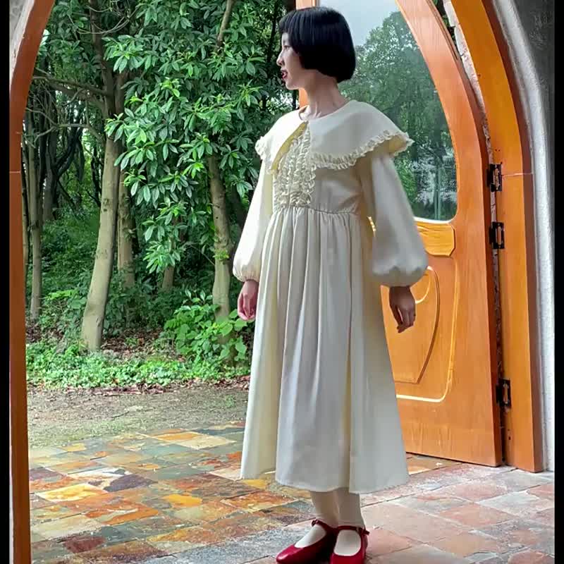 奶油黃色 宮廷復古大翻領洋裝 木耳花邊收腰版型復古少女連身裙 - 洋装/连衣裙 - 其他人造纤维 黄色
