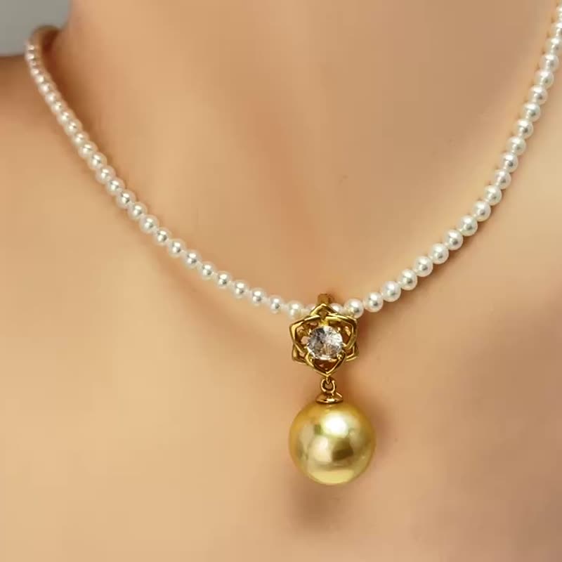 金色蝴蝶 天然海水珍珠 南洋金珠 纯银吊坠 多戴法 赠项链 - 项链 - 珍珠 金色