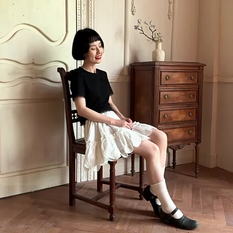 白色鏤空刺繡全棉迷你裙 蓬蓬A字短裙 - 裙子 - 棉．麻 白色