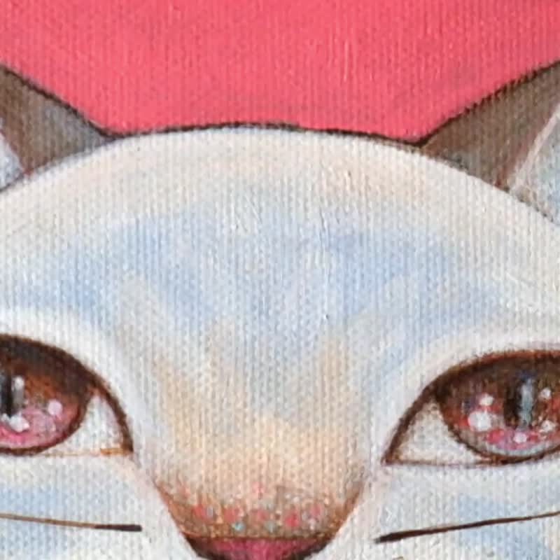 Original cat painting on canvas 15x15cm.cat with fish - 墙贴/壁贴 - 压克力 粉红色