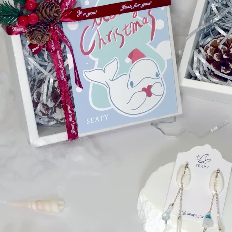 【圣诞礼盒】贝壳垂坠珍珠耳环 流苏耳环 波西米亚 医疗钢 海蓝宝 - 耳环/耳夹 - 棉．麻 白色