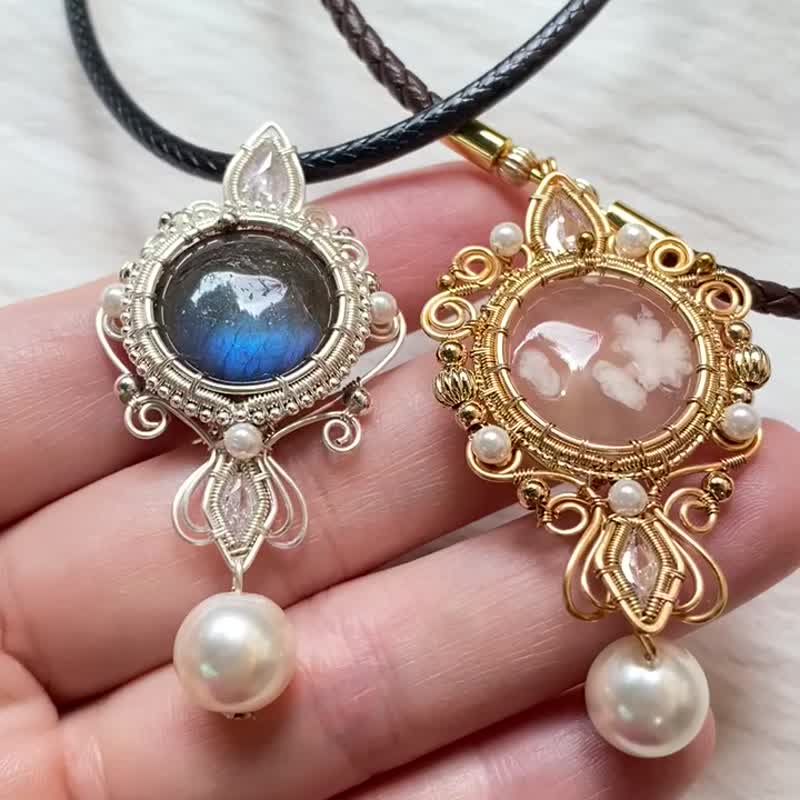 | MC |保色铜线拉长石樱花玛瑙珍珠锆石项链 手工编织  wire wrap - 项链 - 宝石 橘色