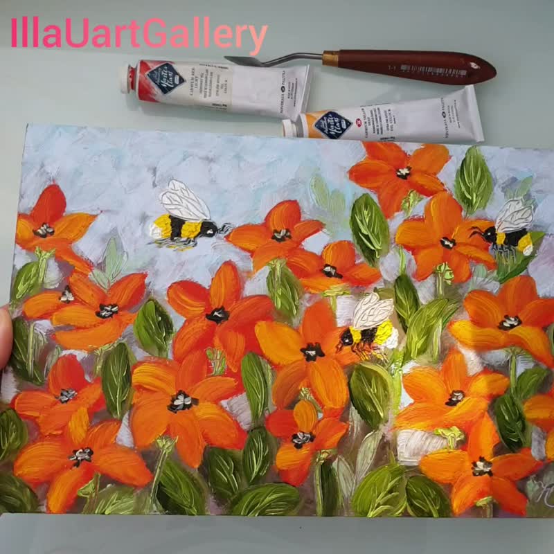 Bee Painting Poppy Original Art Floral Wall Art Flower Oil Painting - 海报/装饰画/版画 - 其他材质 多色
