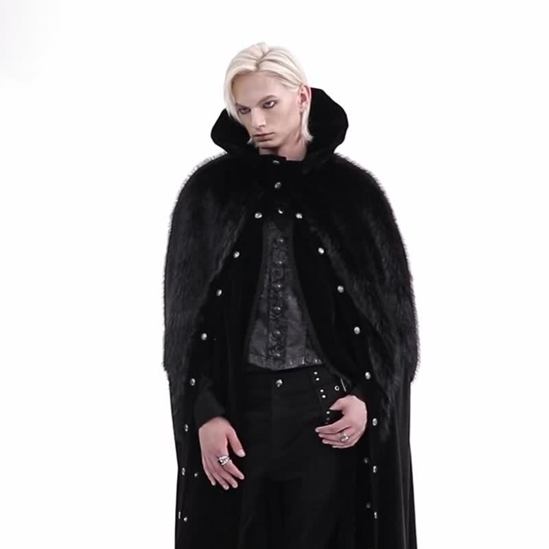 哥德萨满仪式毛领丝绒长斗篷 - 男装外套 - 其他材质 黑色