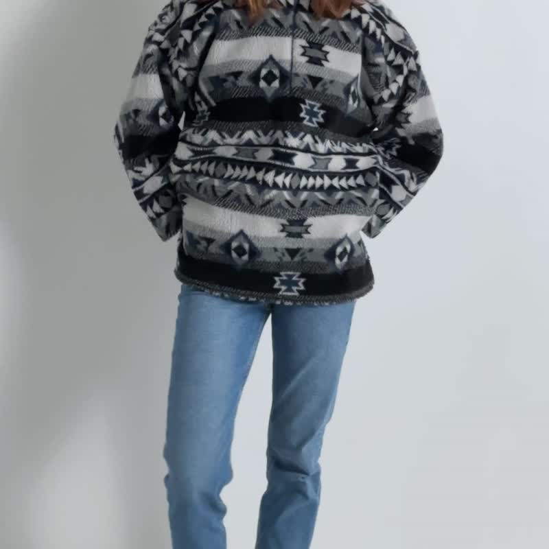 复古罕见刷毛抽象图纹 1/4 拉链套头衫 7088 - 女装针织衫/毛衣 - 其他材质 蓝色