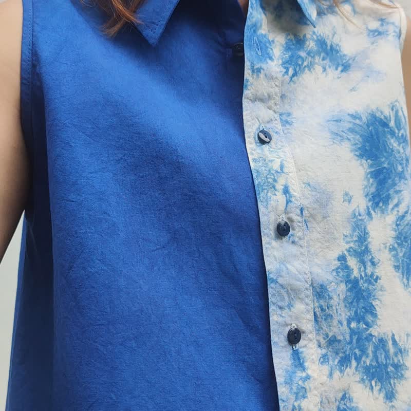 Jinda Sleeveless A - 靛蓝色无袖衬衫领上衣 - 女装上衣 - 棉 蓝色