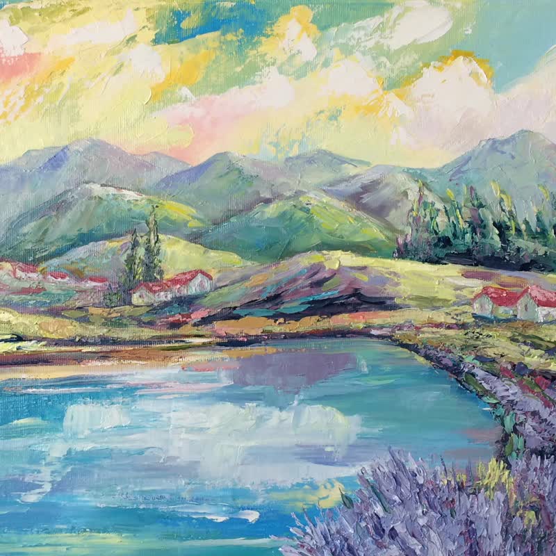 原画 风景 薰衣草 湖 山 早晨 - 墙贴/壁贴 - 其他材质 蓝色