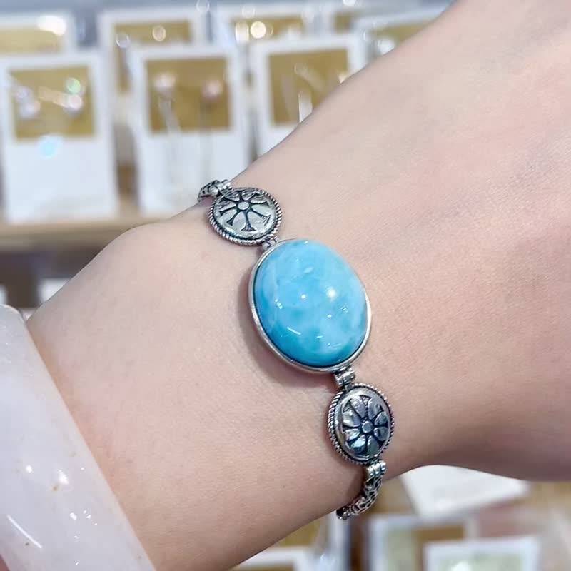 复古硫化纯银天然拉利玛海纹石双花印复刻古感手链消灭坏脾气 - 手链/手环 - 半宝石 蓝色