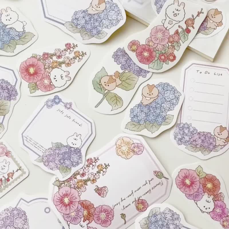 蜀葵花/绣球花/可书写复古标签框/花朵拼贴贴纸包/手帐贴纸/共4款 - 贴纸 - 纸 多色