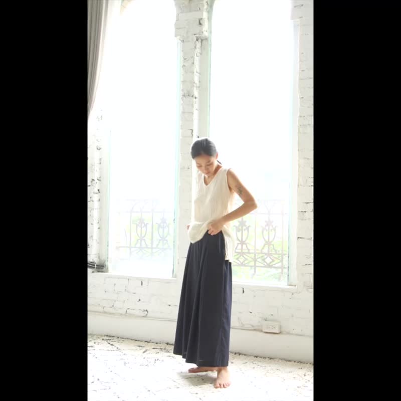 OMAKE 后拉链打褶大宽裤 / 棉麻 蓝黑 - 女装长裤 - 棉 蓝色