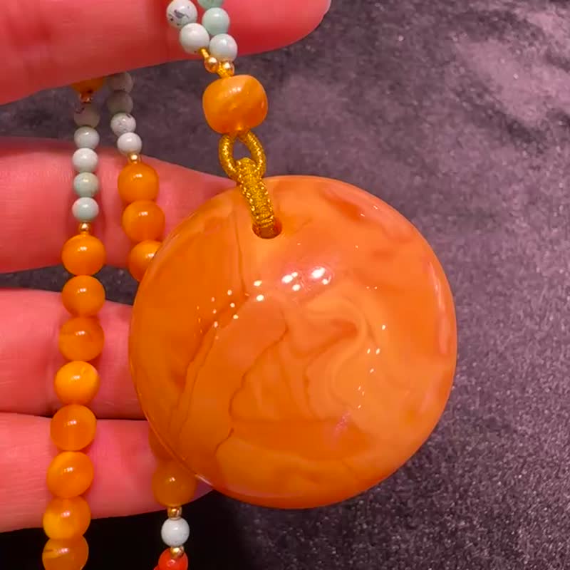 收藏级 天然俄料蜜糖色蜜蜡公主扣  满蜡鸡油红 - 项链 - 宝石 