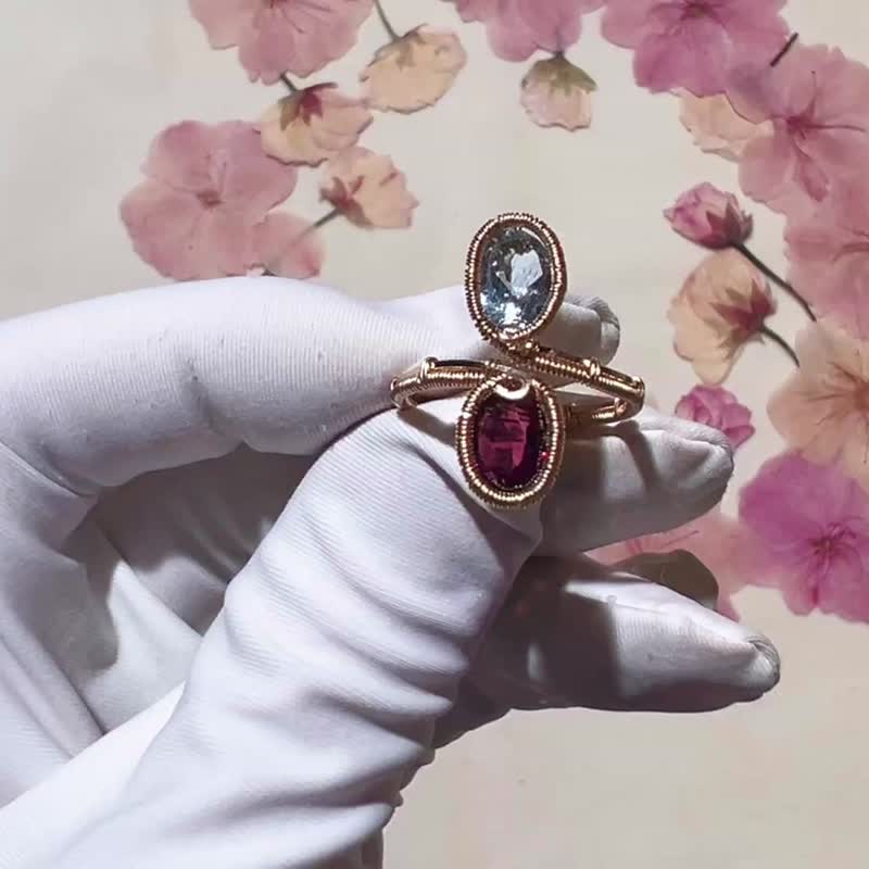 进口14K包金手工绕线宝石双石开口戒指 - 戒指 - 宝石 多色