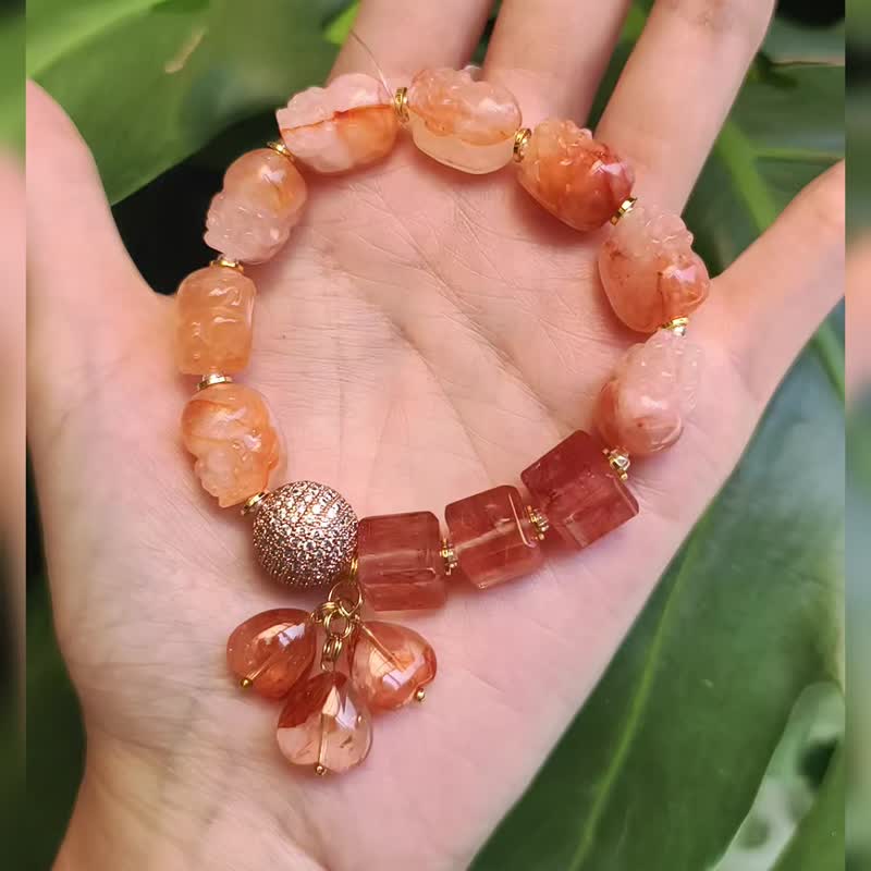 红胶花水晶 貔貅 心想事成 红运当头 招财 光明 手链 单品 礼物 - 手链/手环 - 宝石 橘色