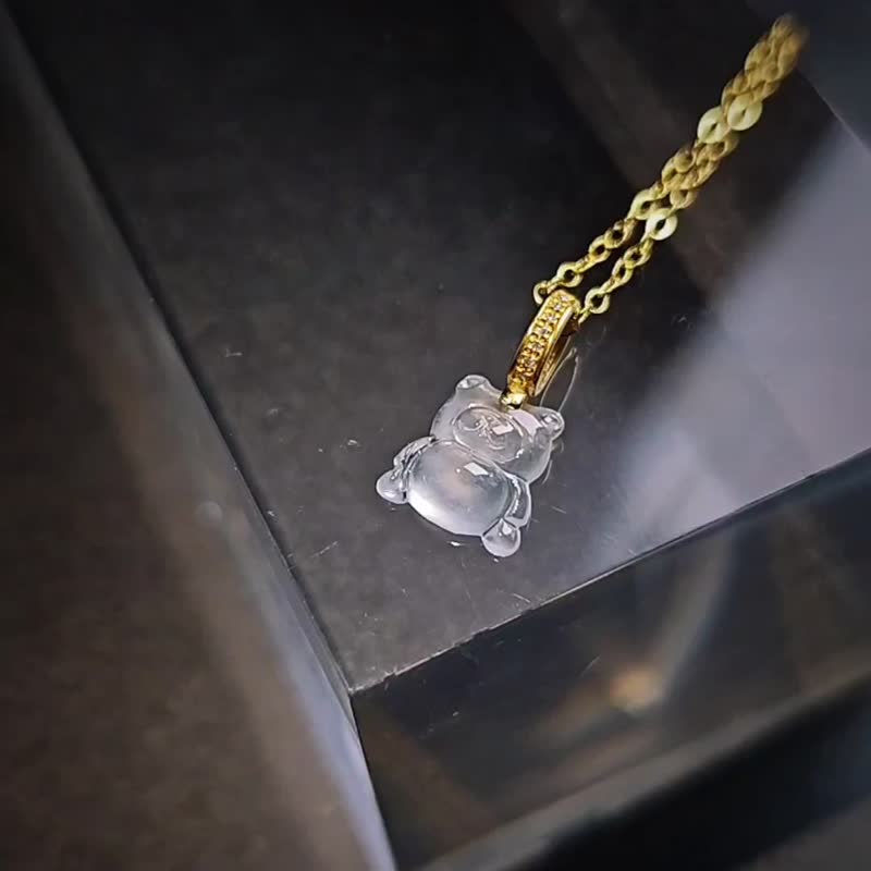 18k真金真钻莫西沙高冰玻白刚小熊吊坠|缅甸A货翡翠 - 项链 - 玉石 