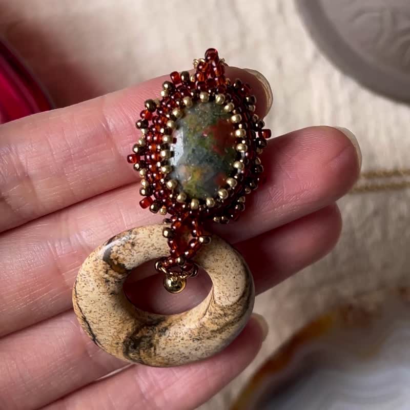 花绿石 图画石 民族风 串珠吊坠 配宝石链 - 项链 - 水晶 红色