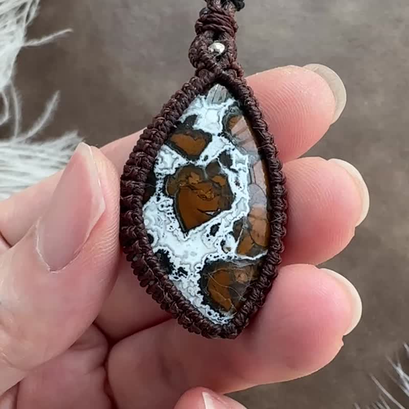 CSP67 民族风 蜡线编织 璧玉 (Brecciated Jasper) 吊咀颈链 - 项链 - 宝石 咖啡色