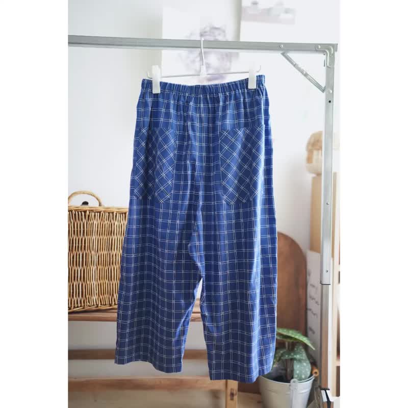 蓝莓松饼格纹有机棉宽裤 - 女装长裤 - 棉 蓝色